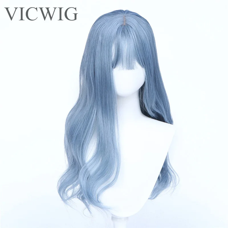 Top Trends: VICWIG Synthetic Wigs Wave Mixed Haze Blue Long Wig For Women Heat Fiber Hair Cosplay Wig With Bangs Shoppable Styles