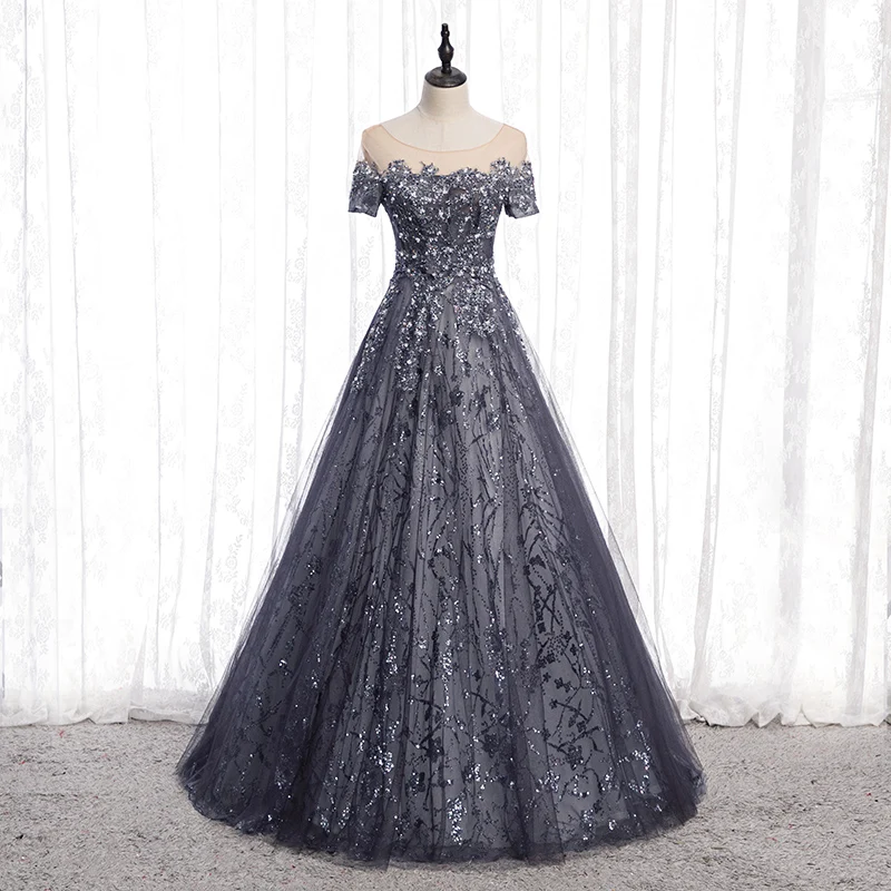 Top Trends: New Short Sleeve Lace O-Neck Elegant Evening Dress Sequins Embroidery A-Line Floor-Length Backless Party Formal Gown Woman B312 Shoppable Styles