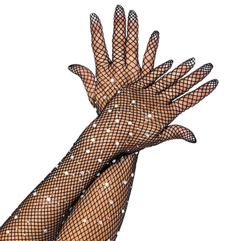 Top Trends: Stretch Rhinestones Mesh Long Gloves Flash Diamond See-through Mesh Full Finger Gloves Dancer Singer Nightclub Stage Accessories Shoppable Styles - Image 5