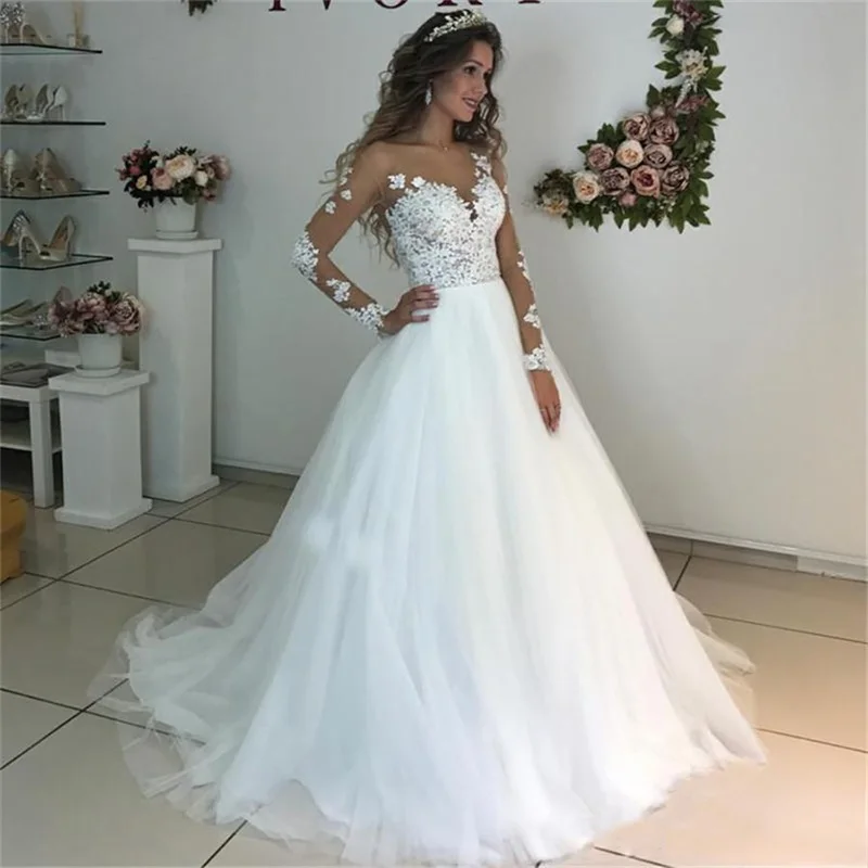 Top Trends: 2023 Illusion Scoop Long Sleeve Wedding Dresses Lace Appliques Sheer Back White / Ivory Tulle Wedding Dress Lace Wedding Gowns Shoppable Styles