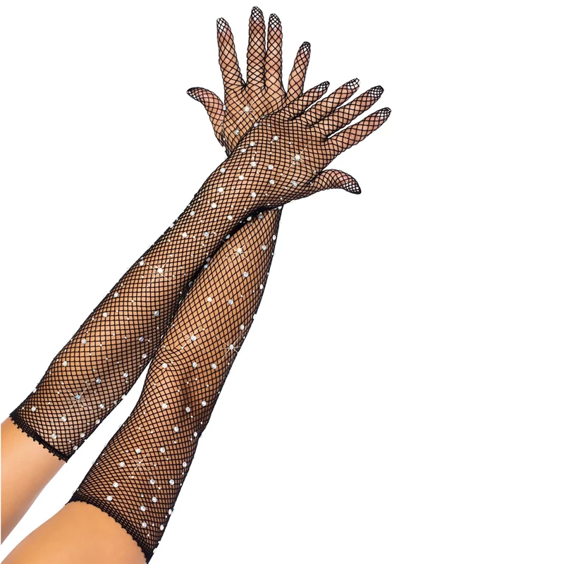 Top Trends: Stretch Rhinestones Mesh Long Gloves Flash Diamond See-through Mesh Full Finger Gloves Dancer Singer Nightclub Stage Accessories Shoppable Styles