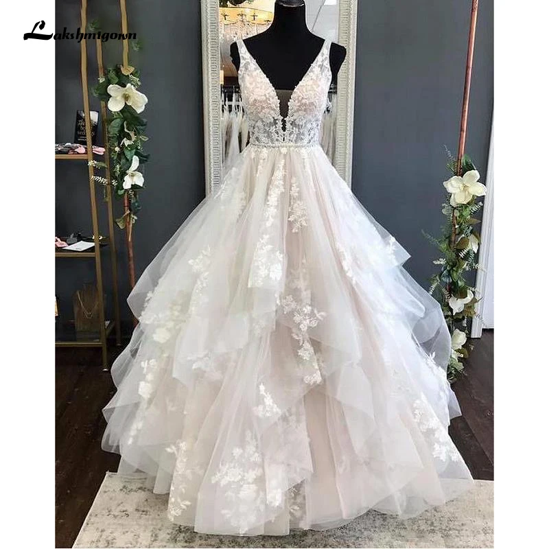 Top Trends: Modern Blush Pink Wedding Gowns Lace Tulle Appliques Beading V-Neck Sleeveless Floor-Length A-Line Custom Made Bridal Dresses Shoppable Styles