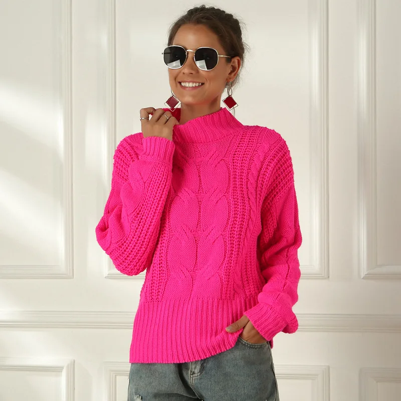 Top Trends: Neon Sweater Women Knitted Fuchsia Pink Solid Half Turtleneck Pullovers Long Casual Loose Knitting Shirts Female Jumpers Shoppable Styles