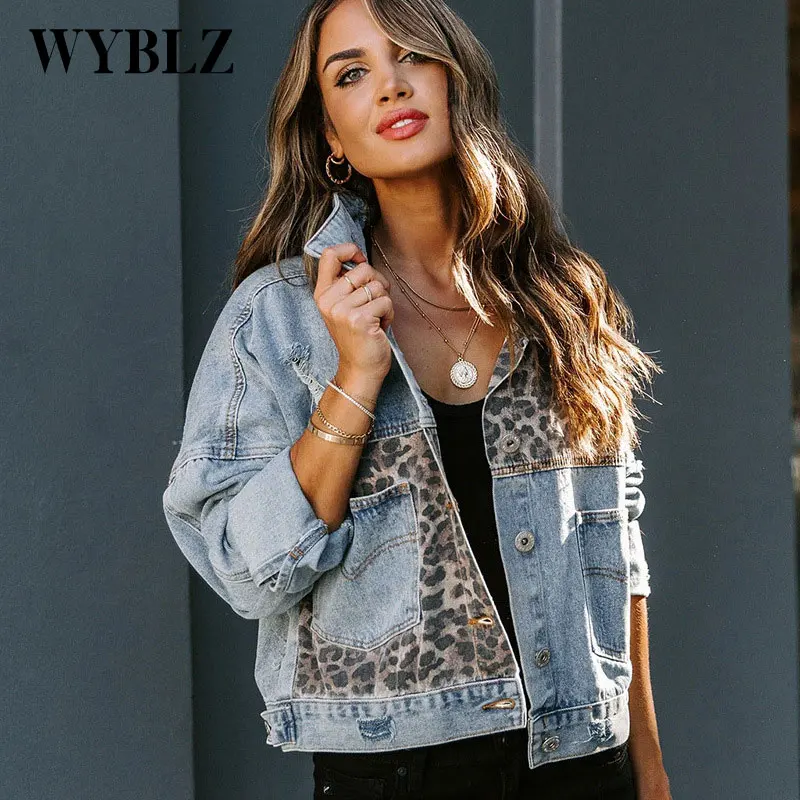 Top Trends: Fashion Contrast Leopard Jeans Jacket Women Elegant Turn-down Collar Metal Buttoned Cardigan Coats Long Sleeve Denim Jacket New Shoppable Styles