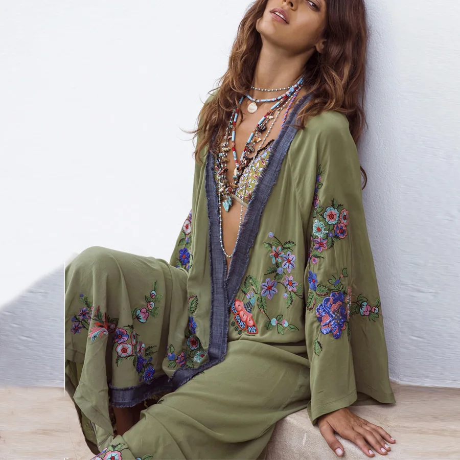 Top Trends: TEELYNN Long Boho Cardigan Light Green Floral Embroidery Beach Bikini Cover Up Kaftan Kimono Robe Summer Loose Women Blouses Shoppable Styles