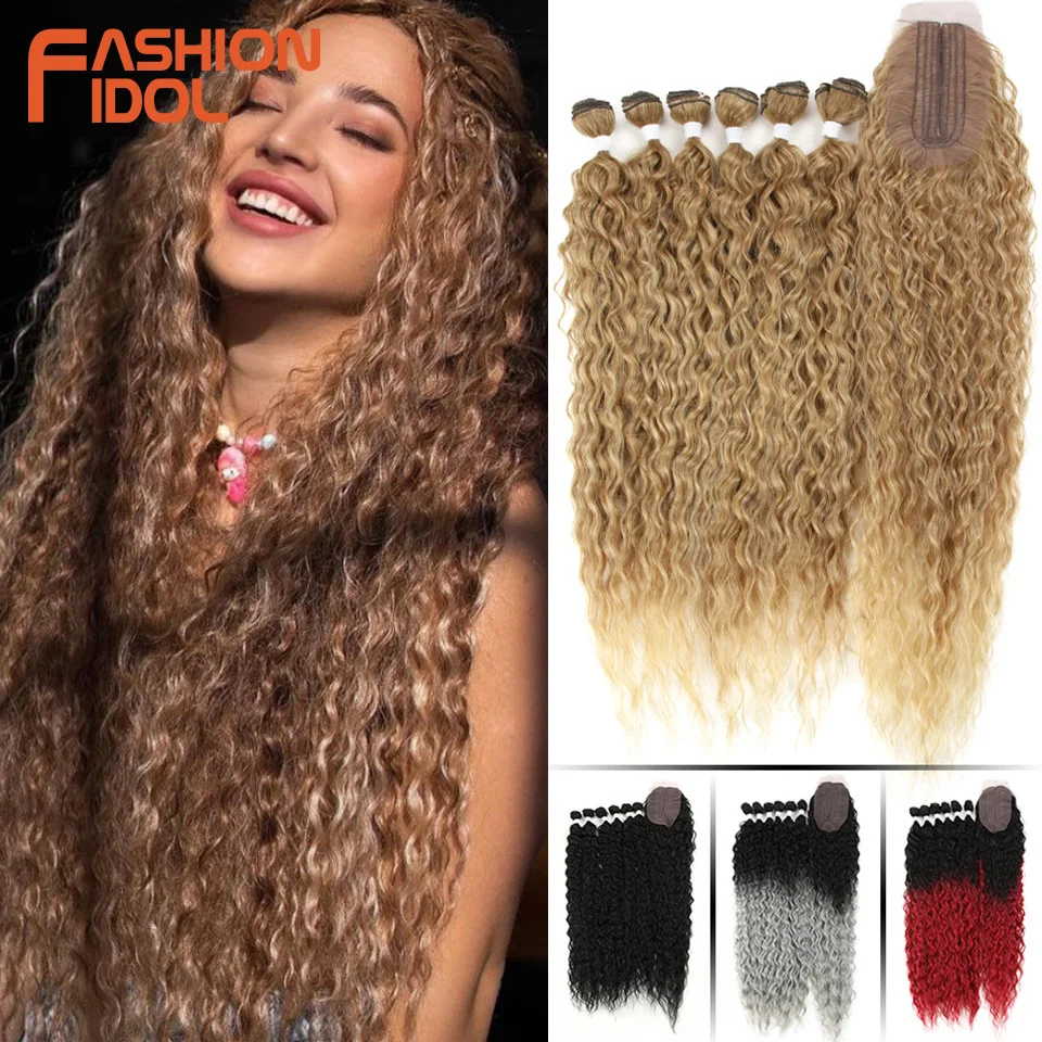 Top Trends: FASHION IDOL Afro Kinky Curly Hair Bundles Extensions With Closure Ombre Blonde 30inch Soft Long Curly Hair Synthetic Weave Hair Shoppable Styles