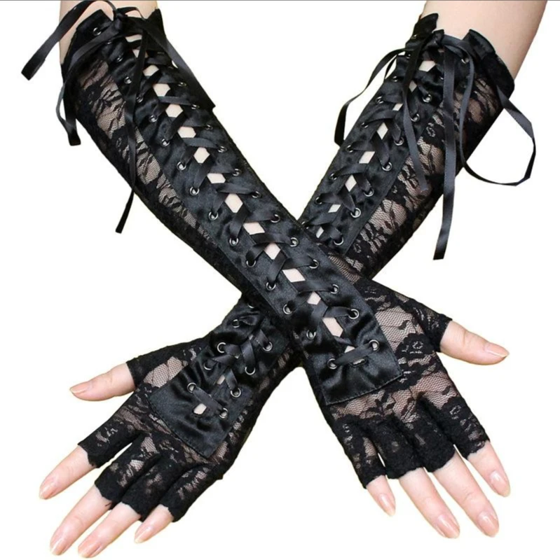 Top Trends: Lace Gloves Sexy Lace Long Gloves Winter Elbow Length Half-Finger Gloves Ribbon Fingerless Fishnet Mesh Ceremonial Party Gloves Shoppable Styles