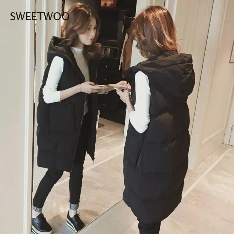 Top Trends: Autumn / Winter Women Vest Waistcoat Long Down Cotton Jacket Loose Oversize Bread Jacket Sleeveless Hooded Jacket With Pocket Shoppable Styles