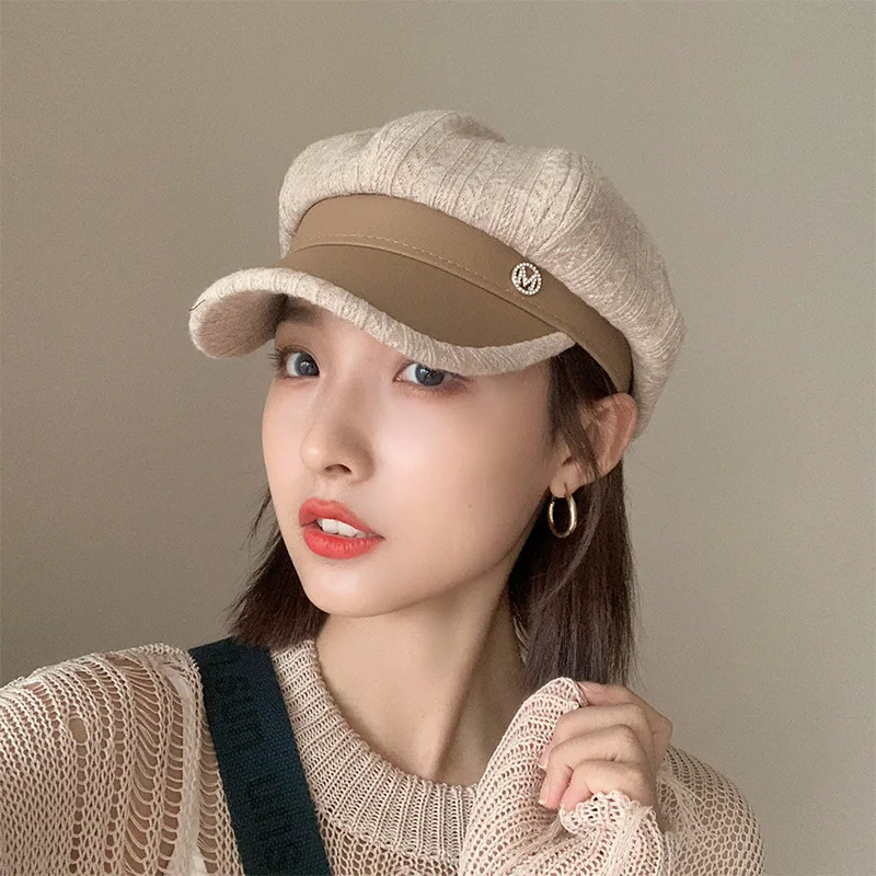 Top Trends: W63 Hat Female Leather Beret Autumn And Winter Tide British Retro Letter Striped Octagonal Newsboy Painter Hat Shoppable Styles