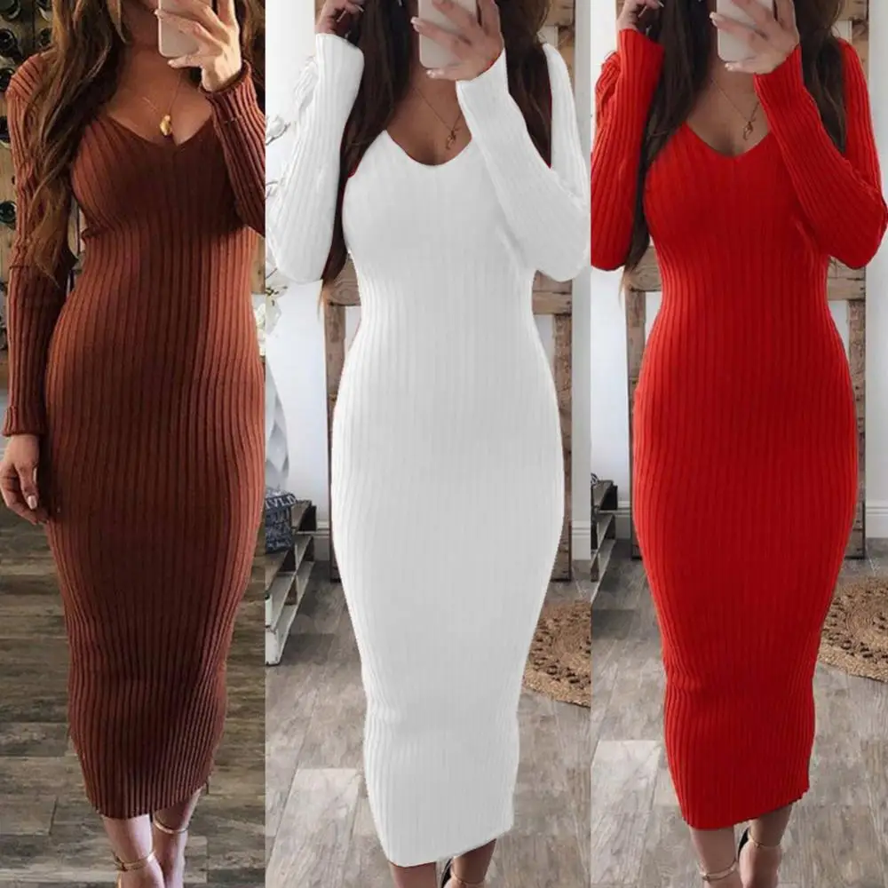 Top Trends: Hot Sale ！ Christmas Casual Dresses For Women 2021 Sexy Women Long Sleeve V Neck Backless Ribbed Bodycon Slim Knitted Midi Dress Shoppable Styles