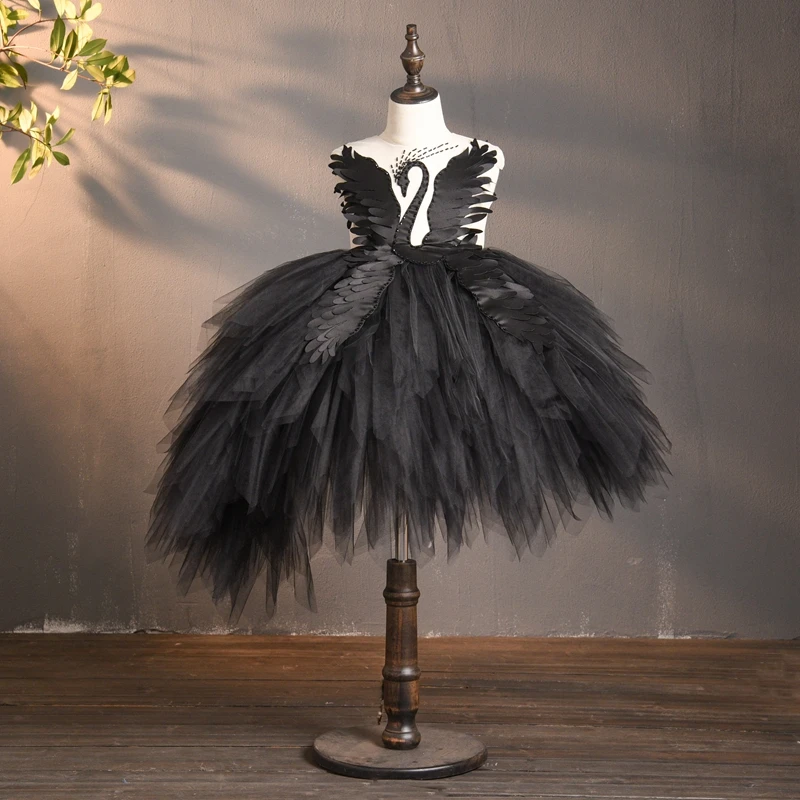 Top Trends: Black Flower Tulle Girl Dress Swan Crystal Tulle Princess Pageant Wedding Clothes Kids Birthday Party Dress Evening Ball Gown Shoppable Styles