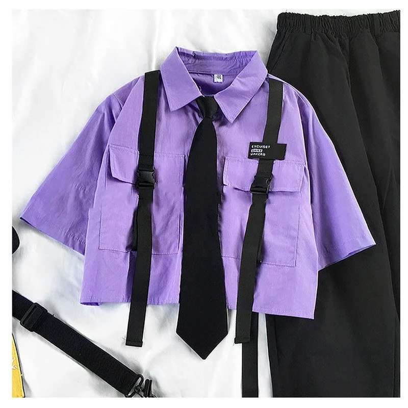 Top Trends: QWEEK Vintage Blouse Women Short Sleeve Shirt Women Korean 2021 Safari Style Tie Pin Patchwork Top Streetwear Female Ulzzang Shoppable Styles