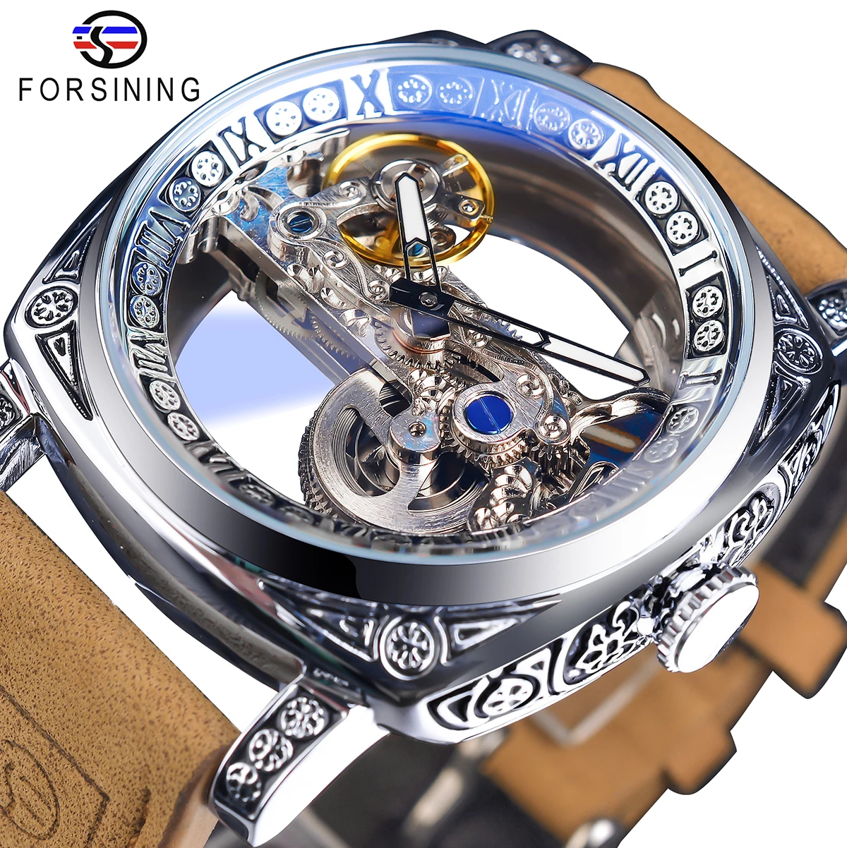 Top Trends: Forsining Fashion Square Transparent Retro Men&#039;s Automatic Mechanical Watch Silver Luminous Self-Wind Skeleton Design Belt Clock Shoppable Styles