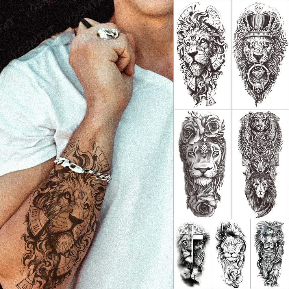 Top Trends: Waterproof Temporary Sleeve Arm Tattoo Sticker Lion Clock Tiger Gear Skeleton Rose Tattoos Body Art Fake Tatoo Men Women Black Shoppable Styles