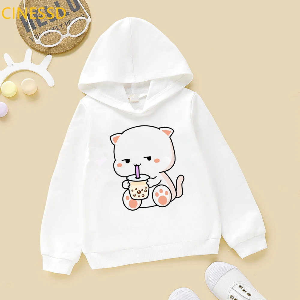 Top Trends: Harajuku Kawaii Cat Love Boba Cartoon Hoodie Baby Boys Girls Sweatshirt Winter Spring Top Children's Clothes White Kids Fleece Shoppable Styles