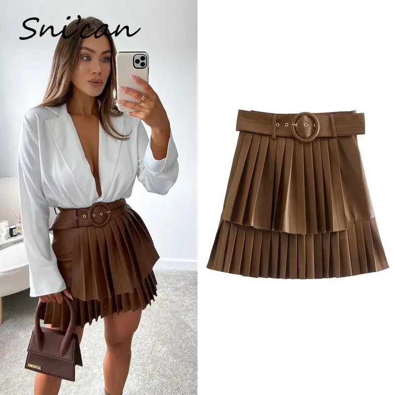 Top Trends: Bown Pu Leather Skirt With Belt Fashion Autumn Sprint Cascading Pleated High Waist Jupe Cuir Femme Women Falda Plisada 2022 New Shoppable Styles