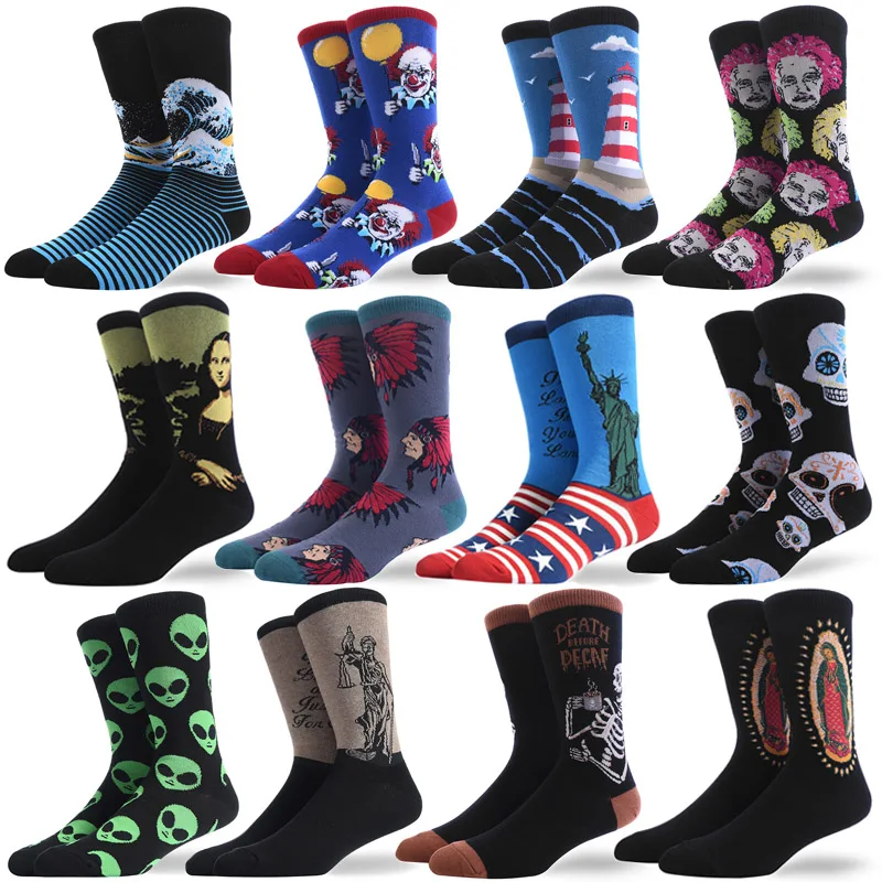 Top Trends: Men's Harajuku Style Combed Cotton Retro Abstract Oil Painting Art Socks Clown Alien Big Size Happy Skateboard Funny Sock Shoppable Styles