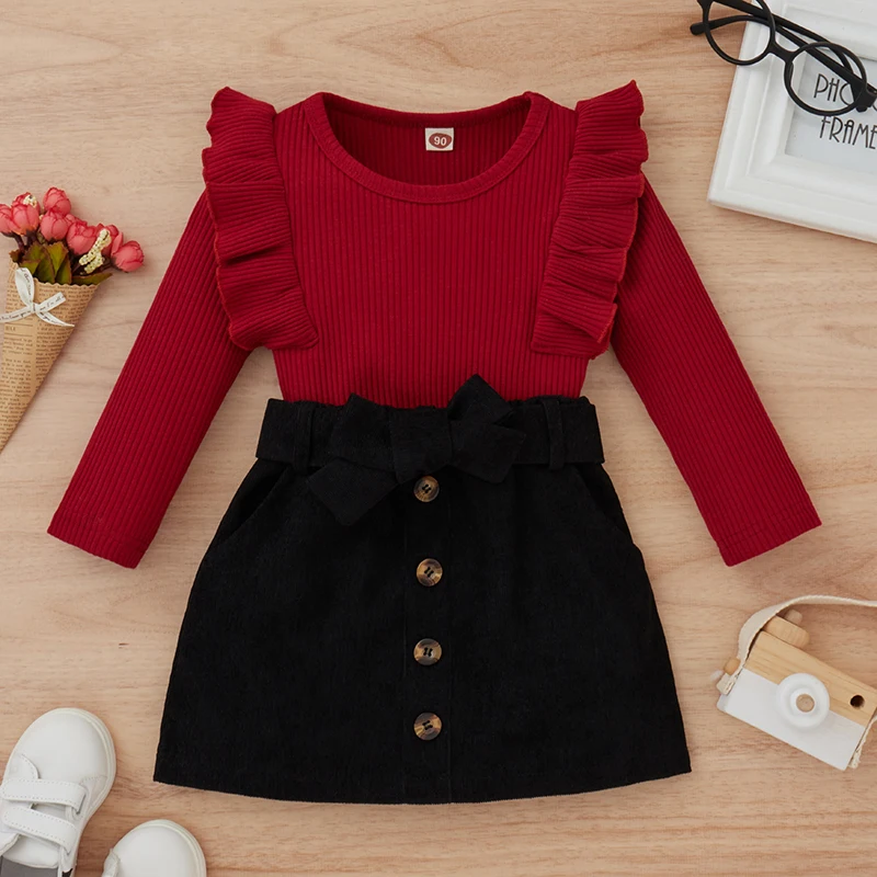 Top Trends: Toddler Baby Girl Fall Winter Clothes Solid Knit Ruffle Pullover Tops Corduroy Mini Skirts Outfits For 1-4 Years Baby Girl Shoppable Styles