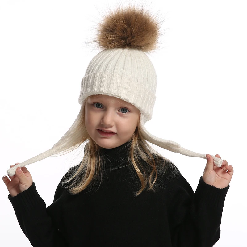 Top Trends: Kids Earflap Beanie Boy Girl Winter Wool Hat Real Fur Pompom Hat Warm Knitted Baby Hat Children Pompon Beanies Cap Shoppable Styles