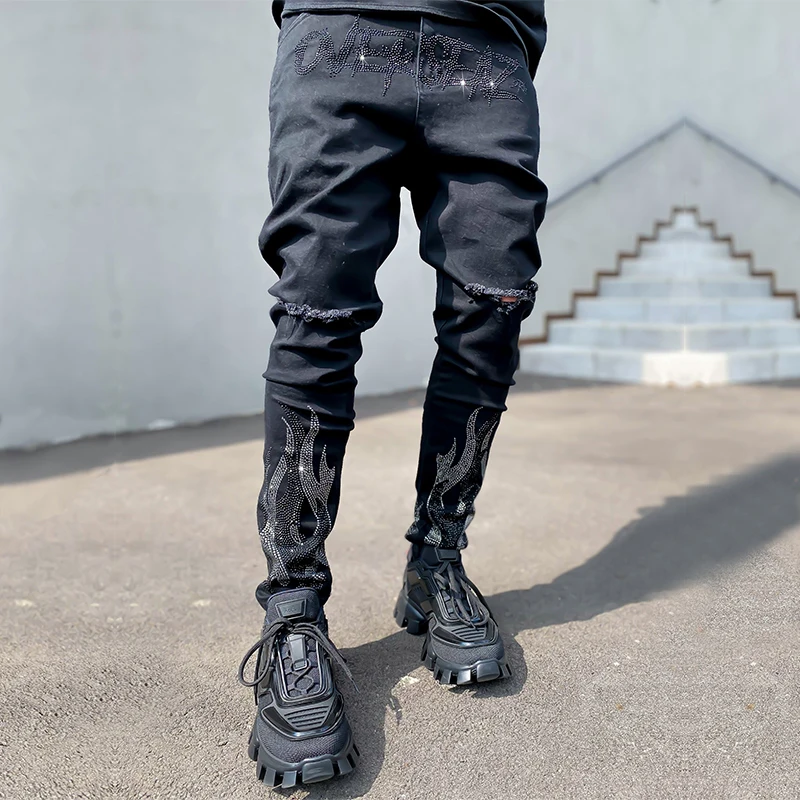 Top Trends: 2023 Men's Ripped Hot Drill Jeans Skinny Jeans Black Stretch Denim Pencil Pants MAN Denim Street Punk Slim Fit Biker Trousers Shoppable Styles