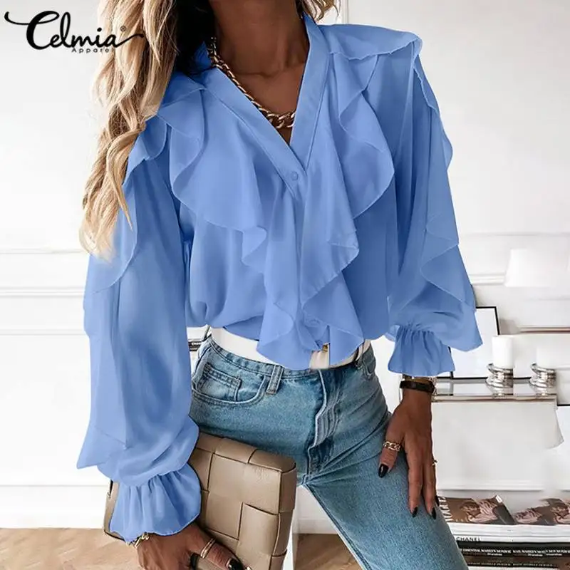 Top Trends: Women White Blouse Celmia 2023 Fashion Elegant Ruffled Tops Sexy V Neck Long Sleeve Shirt Female Casual Button Streetwear Blusas Shoppable Styles