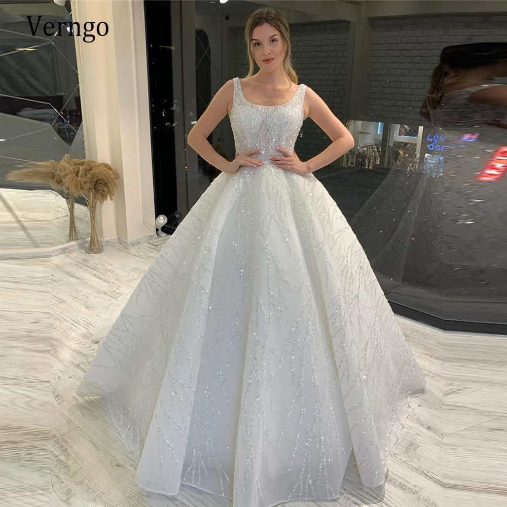 Top Trends: Verngo Glitter A Line Wedding Dress 2021 Shiny Square Neck Princess Shiny Bride Gown Puff Open Skirt Lace Up Back Bridal Dresses Shoppable Styles