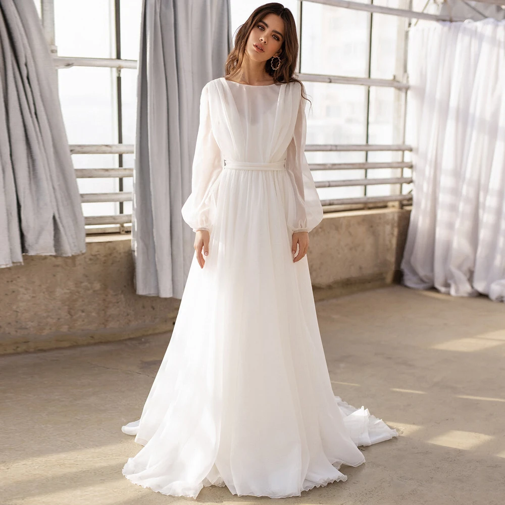 Top Trends: Jiayigong Modest Bridal Gowns Puff Sleeves O Neck Simple Chiffon Bride Dresses Backless A Line Sweep Train Boho Wedding Dress Shoppable Styles