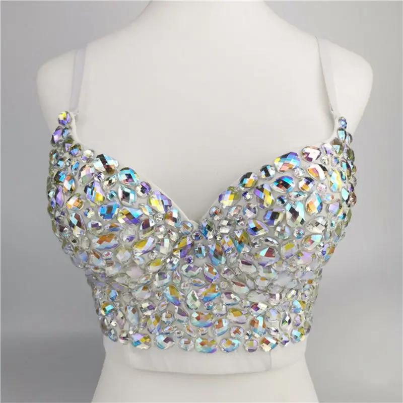 Top Trends: Women AB Colored Rhinestone Bustier Crop Top Spaghetti Strap Push Up Corset Vest Shoppable Styles