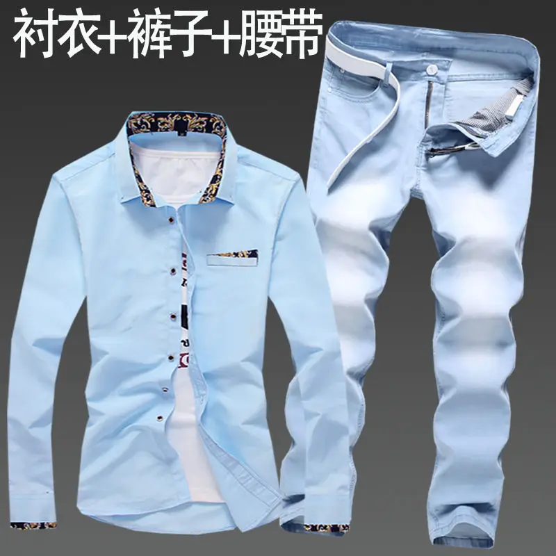 Top Trends: Men's Clothing Full Set Of Youth Trend Leisure Suit Men's Slim Long Sleeve Shirt Men's Jeans Matching Suit Shoppable Styles