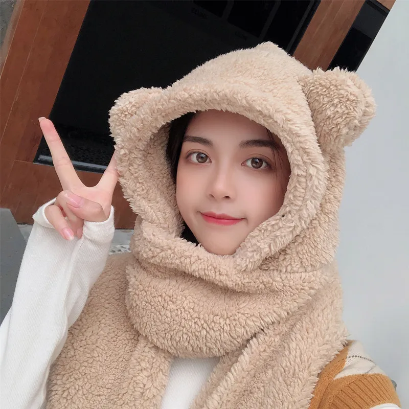 Top Trends: New Fashion Beanies Caps Winter Woman Scarf Cute Bear Ear Hat Girls Warm Head Hood Plush Hat Scarf Set Casual Women Bonnet Caps Shoppable Styles - Image 3