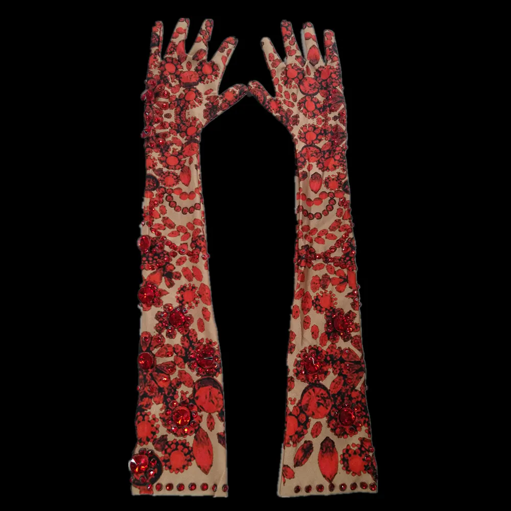 Top Trends: Fashion Red Floral Rhinestone Long Gloves Women Stretch Sparkling Crystal Party Gloves Nightclub Dancer Singer Stage Accessories Shoppable Styles