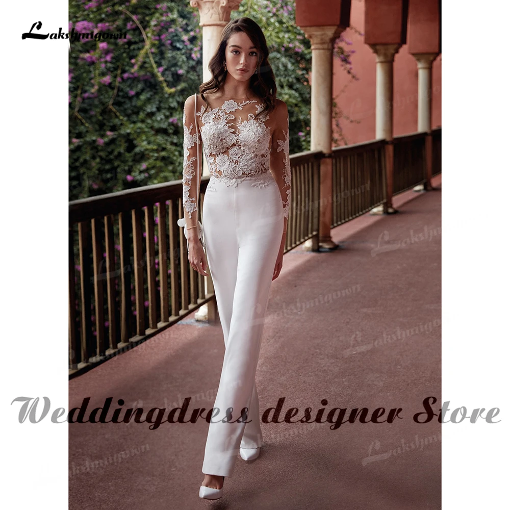 Top Trends: Modern Long Sleeve Jumpsuit Wedding Dress Scoop Neck White Lace Appliques Boho Bridal Dress With Detachable Train Robe Mariee Shoppable Styles - Image 2