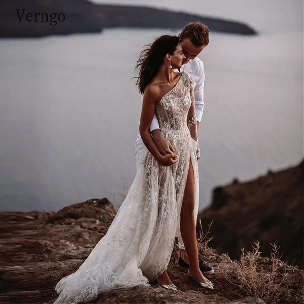 Top Trends: Verngo Bohemian Full Lace Floral Beach Wedding Dress One Shoulder Long Sleeve Side Slit Bride Gowns Modest A Line Bridal Dress Shoppable Styles