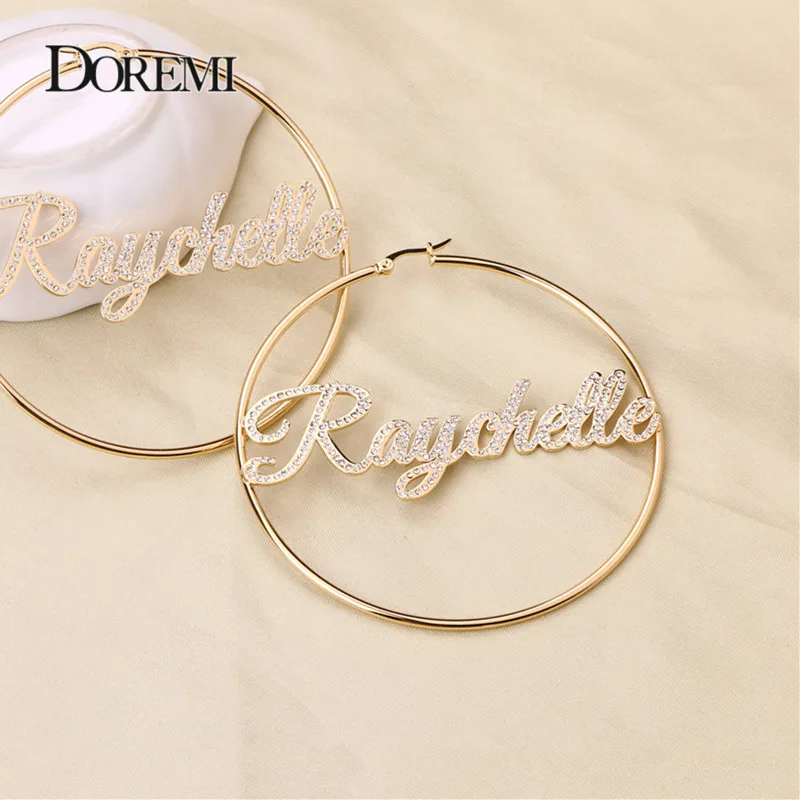 Top Trends: DOREMI Iced Out Bling Name Earrings Custom Hoop Names Personalized Earrings Letter Big Personalised Name Earrings Women Gift Shoppable Styles