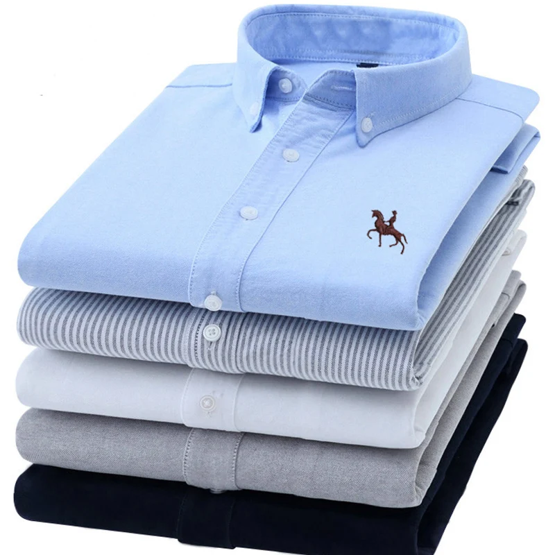 Top Trends: S-6XL Casual Pure Cotton Oxford Mens Shirts Long Sleeve Embroidery Horse Design Regular Fit Fashion Button Man White Dress Shirt Shoppable Styles