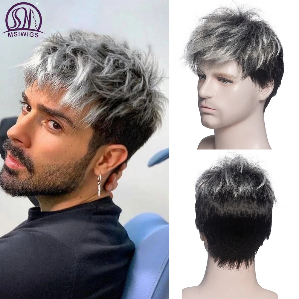 Top Trends: MSIWIGS Men Short Straight Wig Ombre Grey Brown Synthetic Wig White For Male Hair Fleeciness Realistic Natural Headgear Shoppable Styles