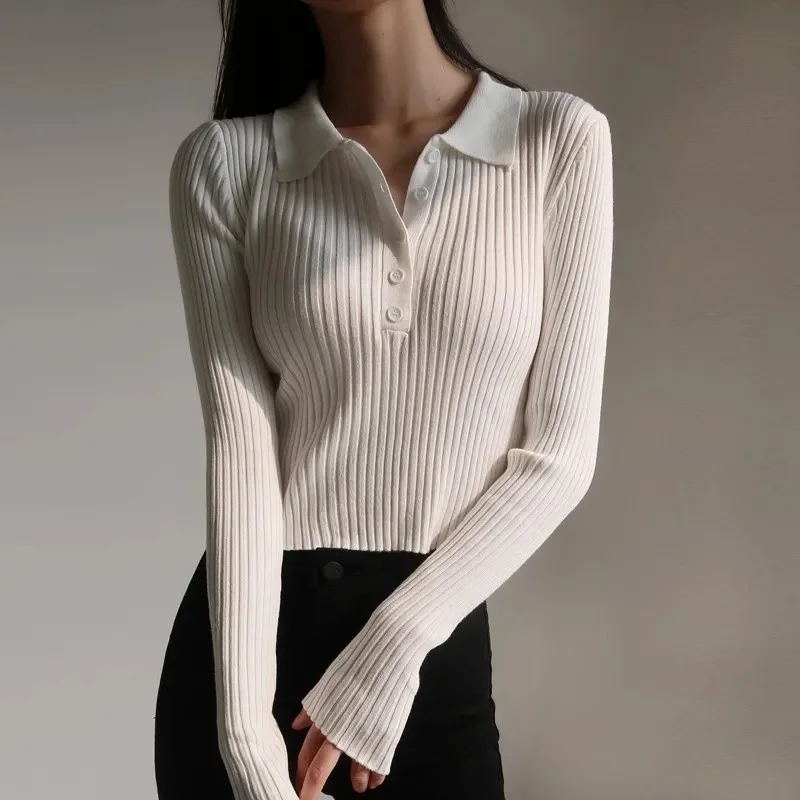 Top Trends: Korean Fashion Buttons Cropped Knitted Polo Shirt Sweater Women Autumn Fashion Elegant Long Sleeve Tops Ladies Knitwear Femme Shoppable Styles