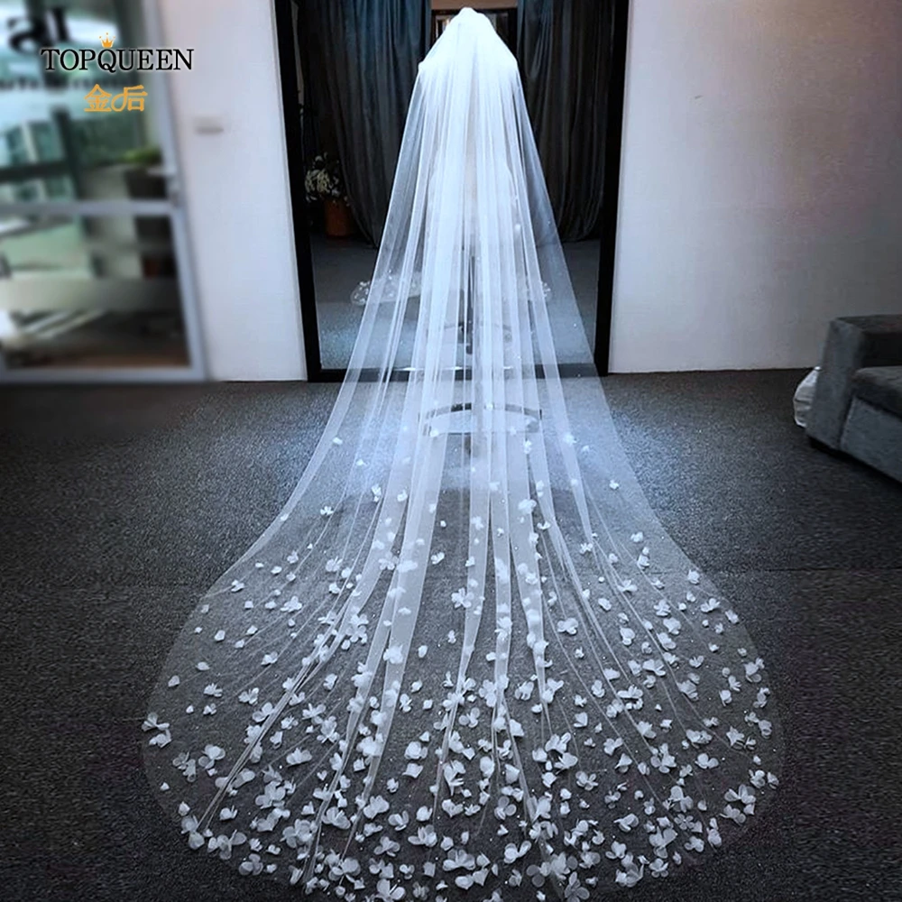 Top Trends: TOPQUEEN V20s 3D Flowers Wedding Veil Luxurious Bridal Veils Wedding Long Veu Bride 5 Meters Cathedral Drop Veil Pure White VEIL Shoppable Styles