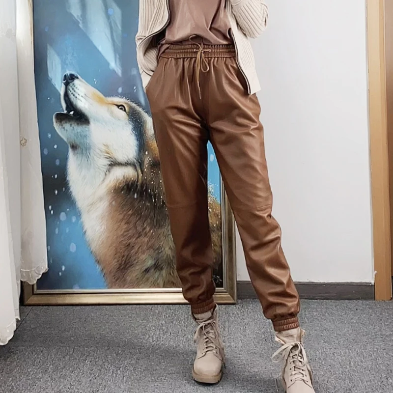 Top Trends: 2024 New Style Women Casual Loose Genuine Sheepkin Leather Sports Pants Elastic Waist Shoppable Styles