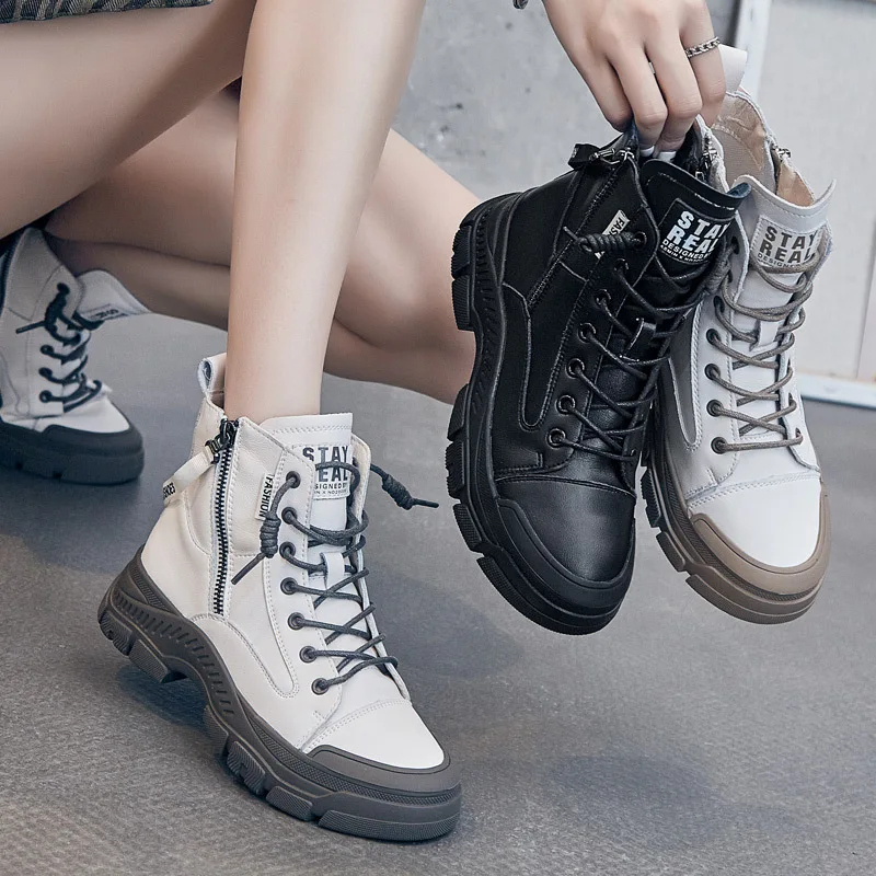 Top Trends: Authentic Leather Boots For Women 2023 Sports Ankle Boots Female Luxury Designer Shoes Woman Flats Platform Heels Rubber Sole Shoppable Styles