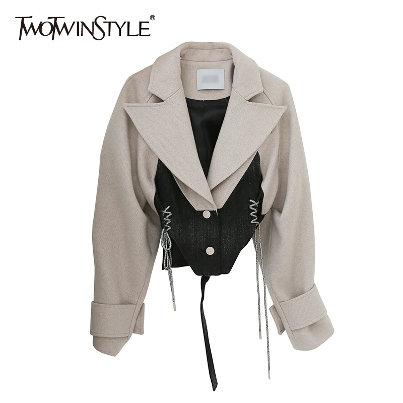 Top Trends: TWOTWINSTYLE Patchwork Lace Up Bowknot Jacket For Women Lapel Long Sleeve Short Tops Female Fashion New Clothing 2020 Autumn Shoppable Styles