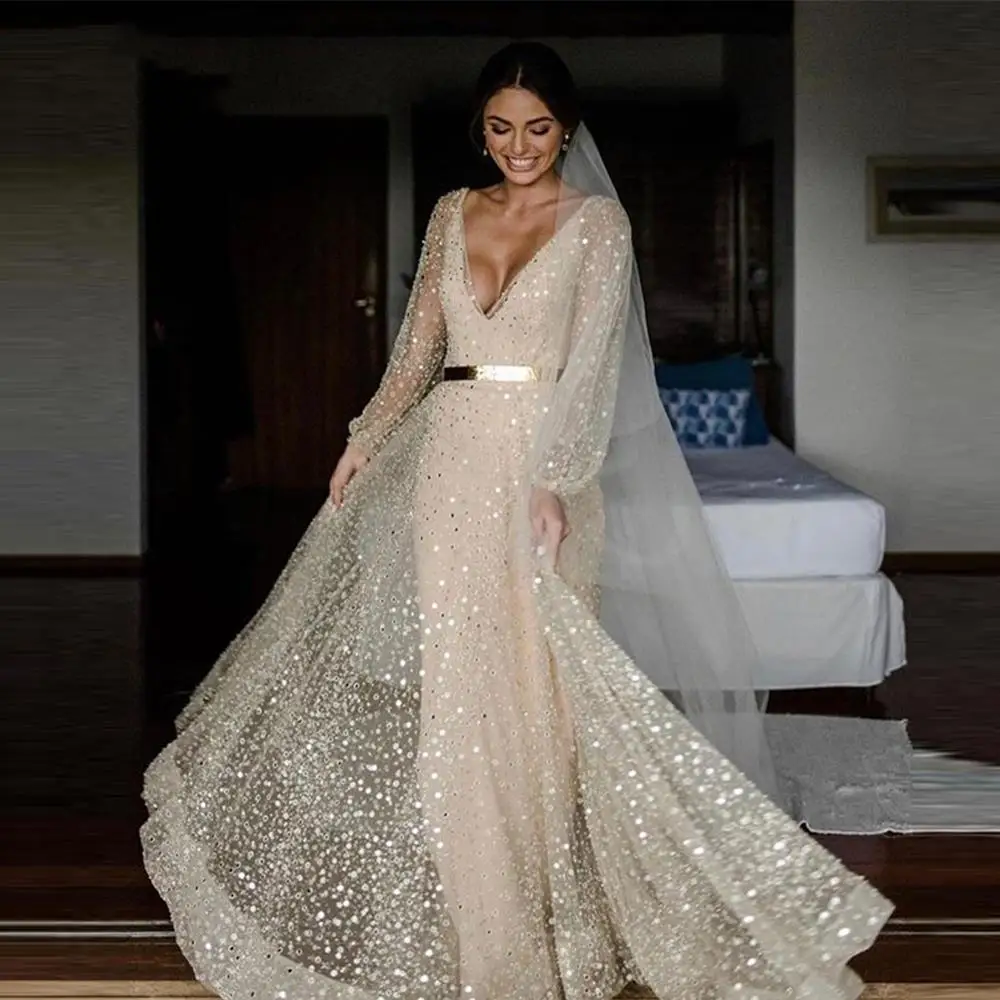 Top Trends: Champagne Glitter Two Pieces Wedding Dresses With Deatachable Coat Gold Sash 2024 Puff Long Sleeves V Neck Bride Gowns Shoppable Styles