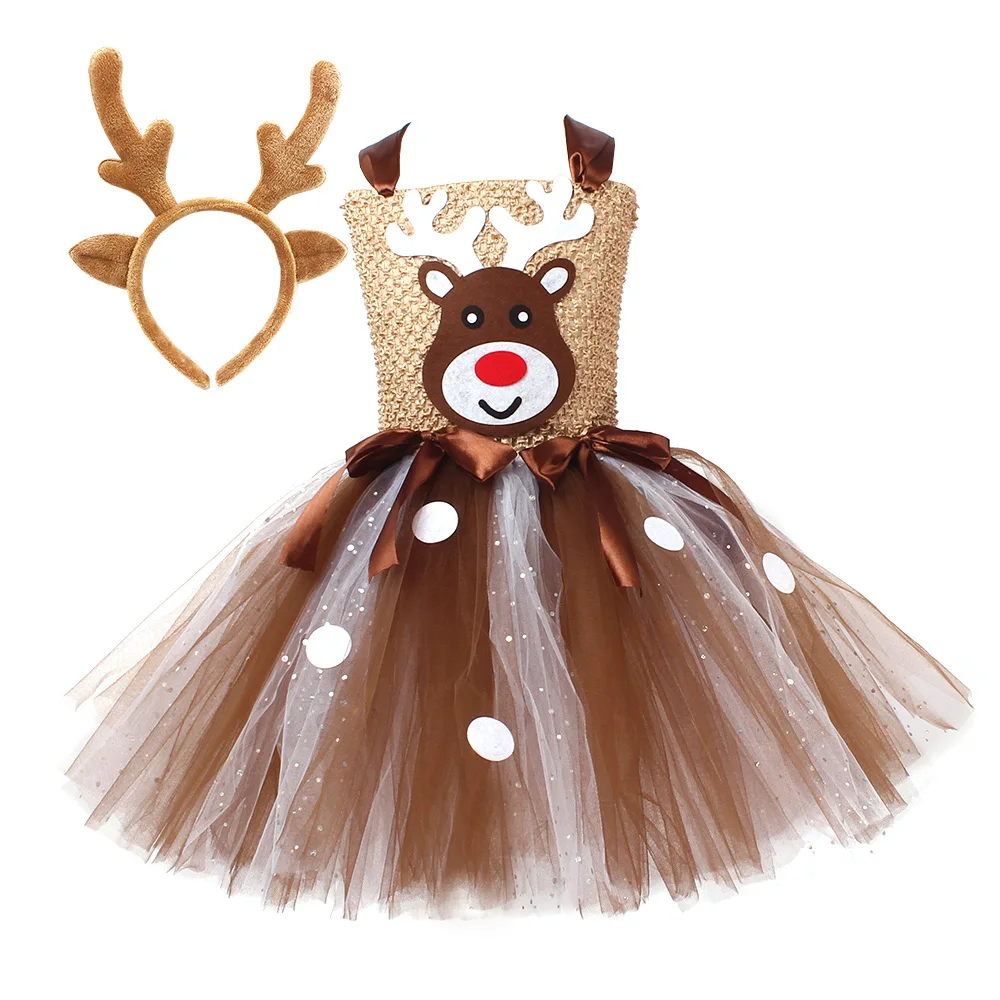 Top Trends: Girls Reindeer Christmas Costume Kids Rudolph Deer Tutu Dress With Headband Children Birthday Party Dress Up Animal Outfit Shoppable Styles