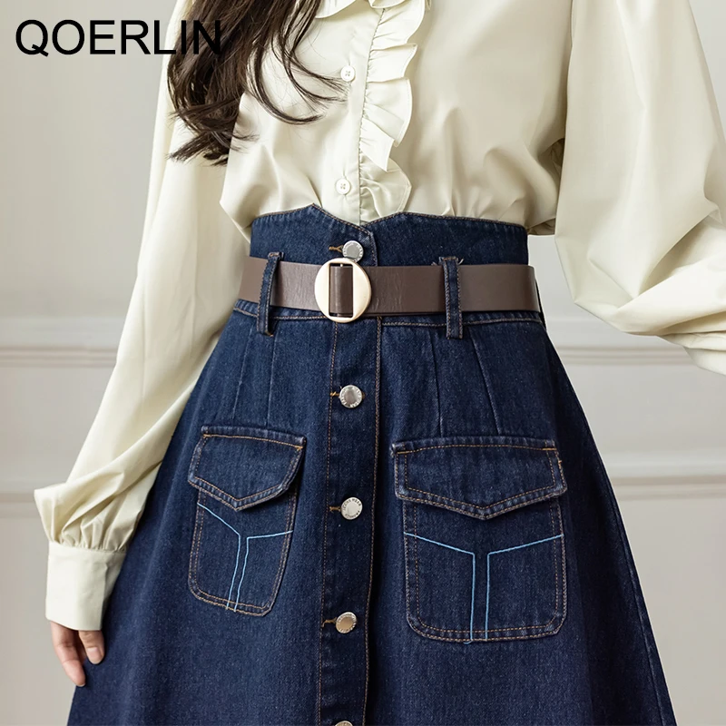 Top Trends: QOERLIN Skirt With Belted 2022 New Vintage Women's Denim Skirt High Waist Jeans Skirt Female Chic A-line Pocket Skirt A-Line Shoppable Styles - Image 2