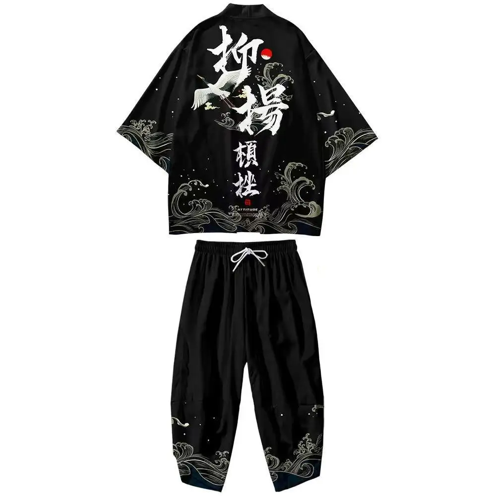 Top Trends: Big Size 5XL 6XL Kimono Cardigan Trousers Suit Men Novelty Print Japanese Samurai Clothing Loose Yukata Chinese Style Streetwear Shoppable Styles