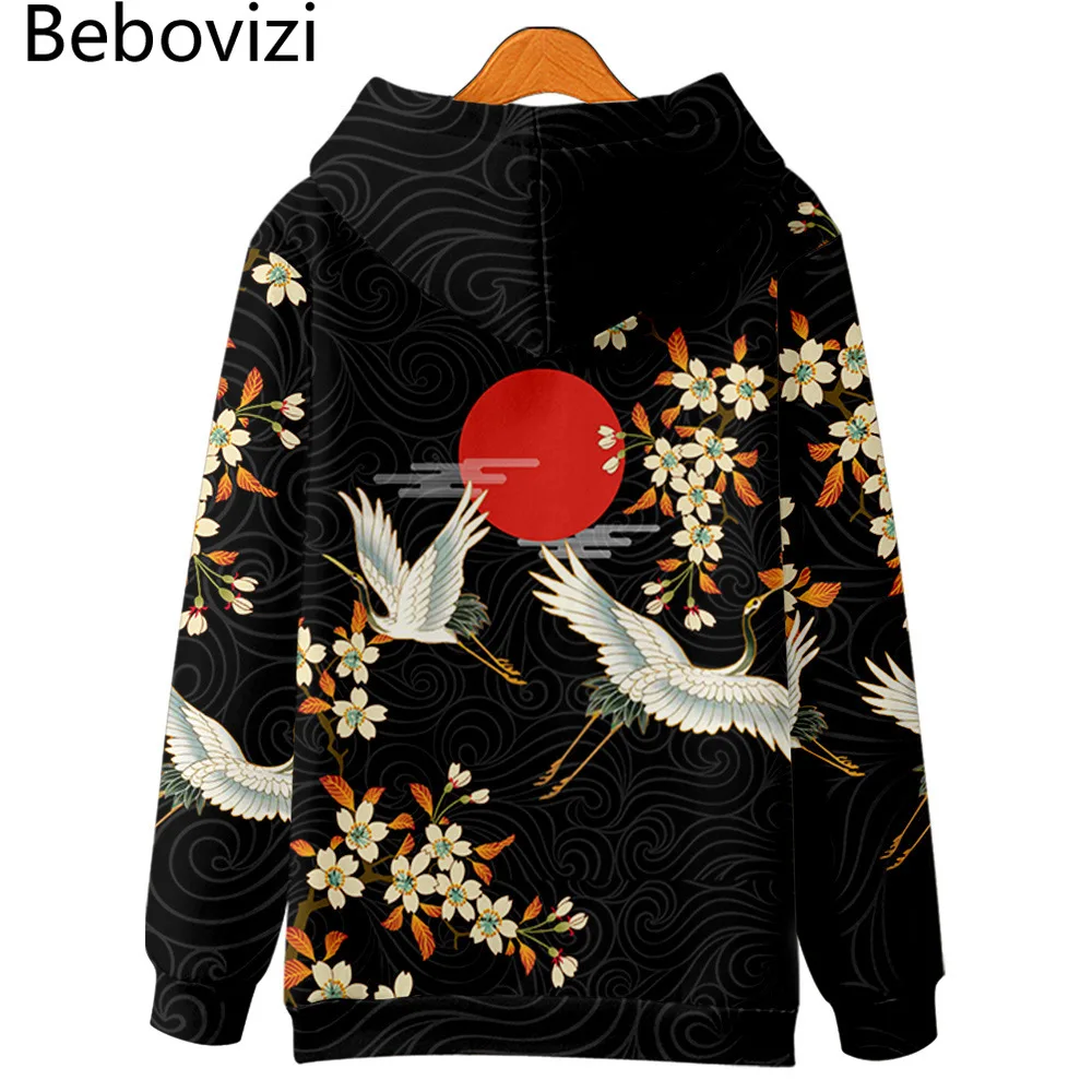 Top Trends: Harajuku Japanese Crane Flowers Print Hoodie Sweatshirt Casual Oversized Hooded Hoodie Hip Hop Pullover Women Men Clothing Shoppable Styles