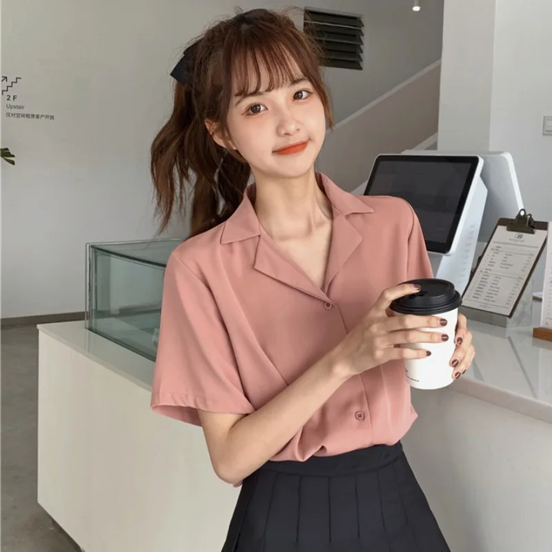 Top Trends: Turndown Collar Short Sleeve Chiffon Shirt Blouse Women 2020 Office Ol Overalls Shirt Casual Button Loose Summer Simple Tops Shoppable Styles