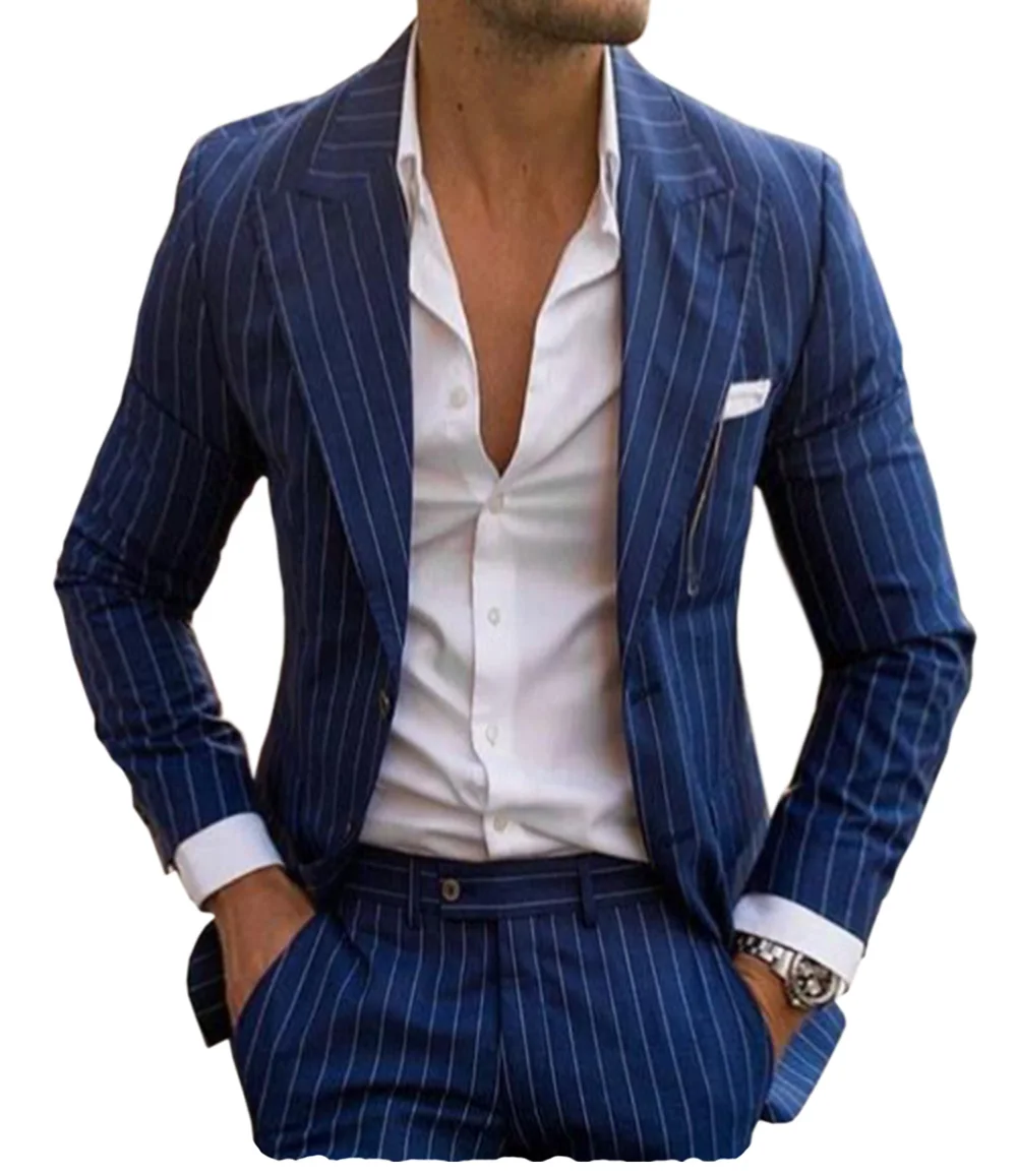 Top Trends: 2024 New Men's Pinstripe Suits Two Pieces Pinstripe Tuxedos Slim Fit Peaked Lapel Groomsmen Suits For Wedding (Blazer+ Pants) Shoppable Styles