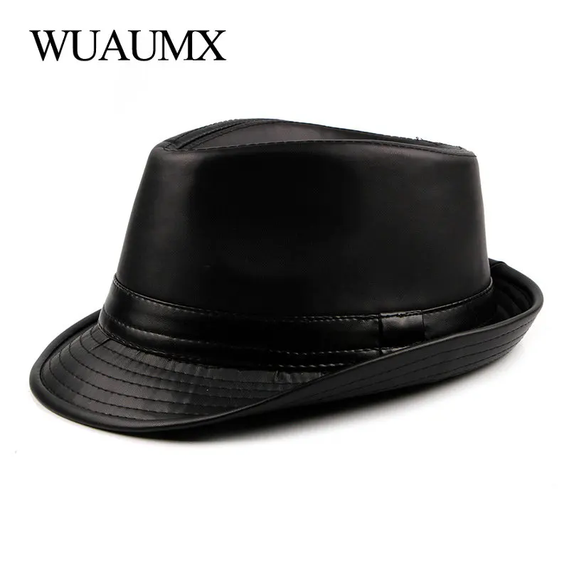 Top Trends: Wuaumx Brand Simple Jazz Caps Men PU Leather Fedoras Hat For Male Autumn Winter Retro Bowler Hats Vintage Black Panama Cap Shoppable Styles