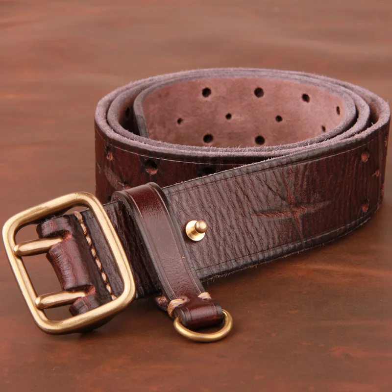 Top Trends: Double-pin Copper Buckle Men's Luxury Fashion Belt Retro First Layer Pure Cowhide Jeans With Genuine Leather Stylish Men's Belts Shoppable Styles